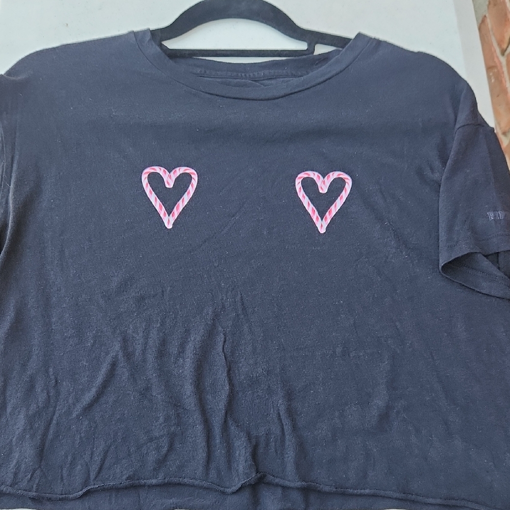PINK Victoria's Secret Black Tee with Pink Hearts
